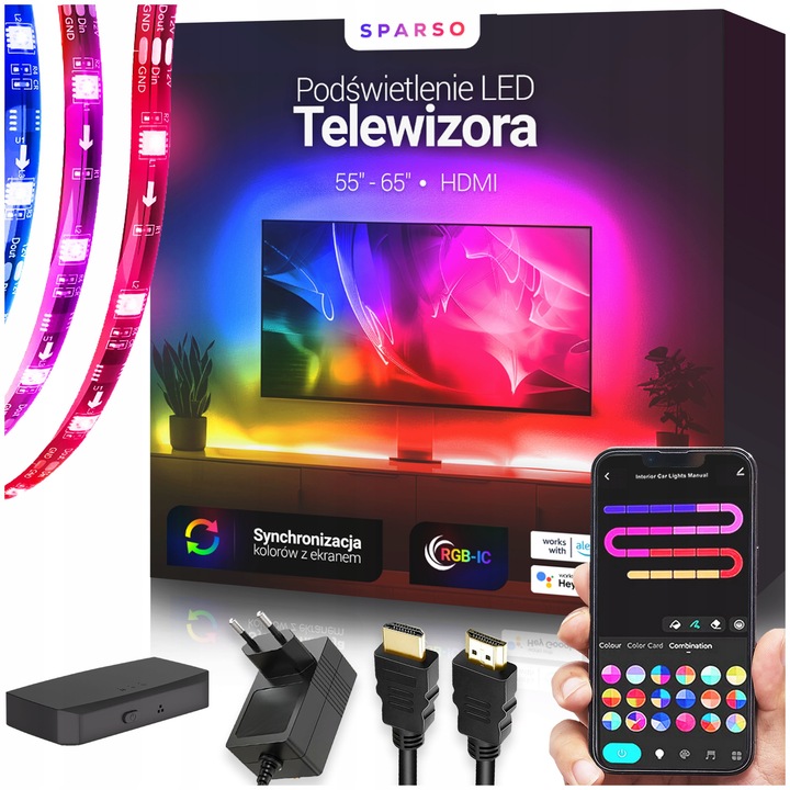 Benza LED RGB-IC, Sparso, set 7 in 1, 3,8m, HDMI, pentru televizoare 55-65 inch, control Tuya Smart Life