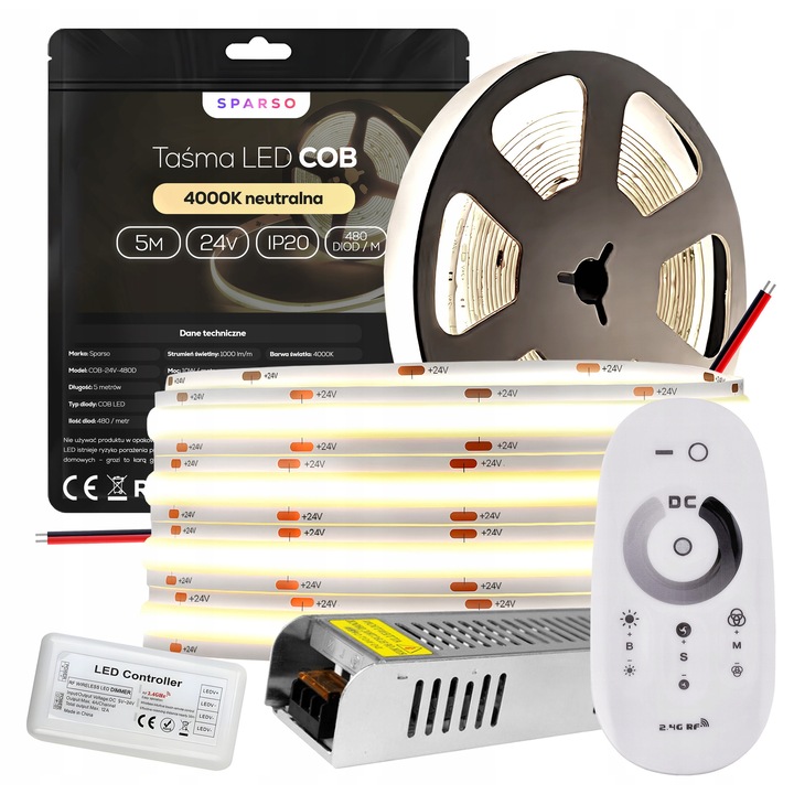 Set Benzi LED COB 5m 24V 4000K, 480 LED/m, Zasilacz 60W, Pilot Dotyk, Alb Neutru