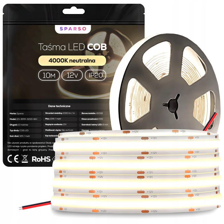 Banda LED COB 10m 12V 4000K alb neutral, 320 LED, autoadeziva