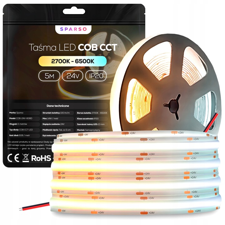 Banda LED COB CCT 5m, Sparso, 2700-6500K, autoadeziva, 24V