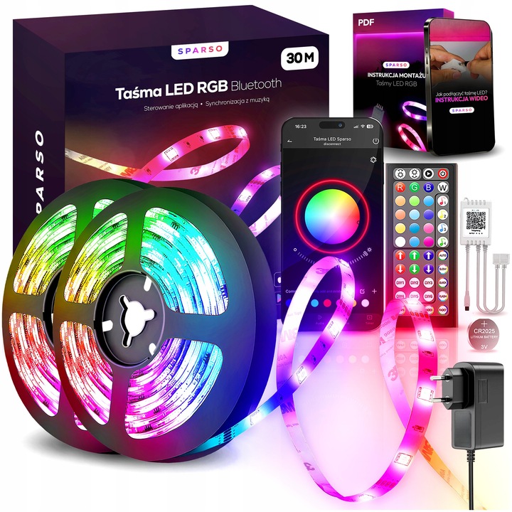 Banda LED RGB 30m Sparso, set complet 11in1, control aplicatie si telecomanda, multicolor, 540 LED-uri
