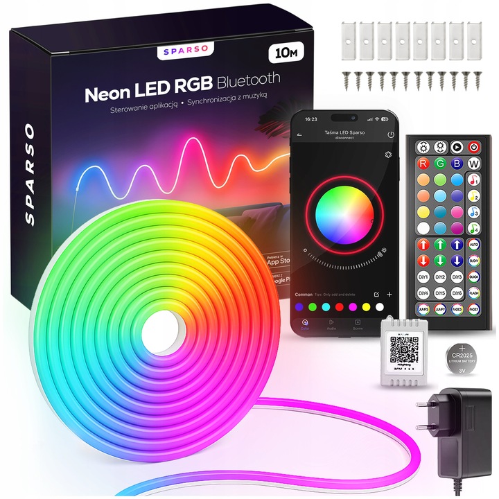 Banda LED Neon RGB 10m, Sparso, set complet, waterproof, control Bluetooth