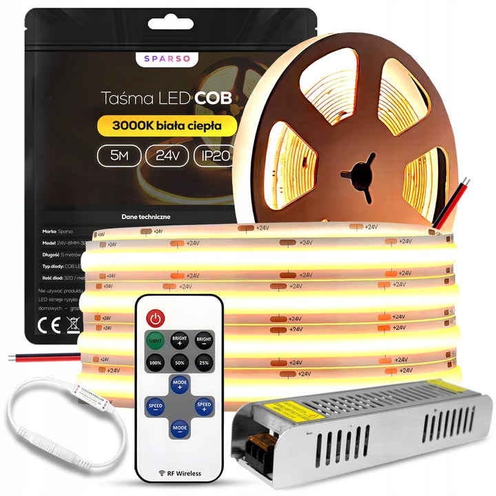 Set Benzi LED COB 5m 24V 3000K Alb Cald cu Zasilator 60W si Pilot RF
