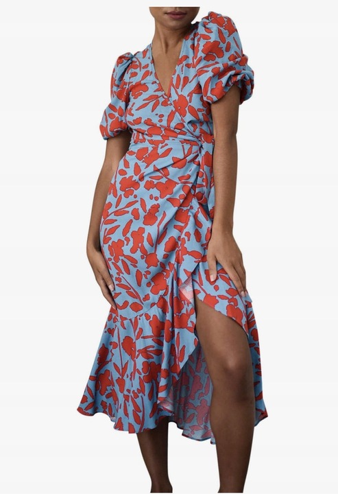 Rochie midi asimetrica albastra cu modele rosii, maneca scurta, material usor, pentru femei, M INTL