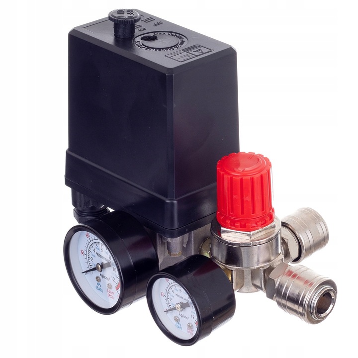Reductor cu intrerupator de presiune pentru compresor, 2 rapid conectori, 12 bar, 24V