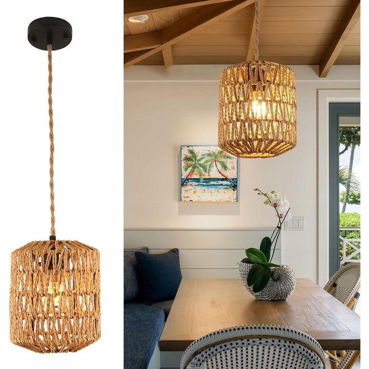 Lustru GOECO, lampa suspendata vintage boho, bambus, 17,5x17,5x21cm, E27, lungime cablu 150cm