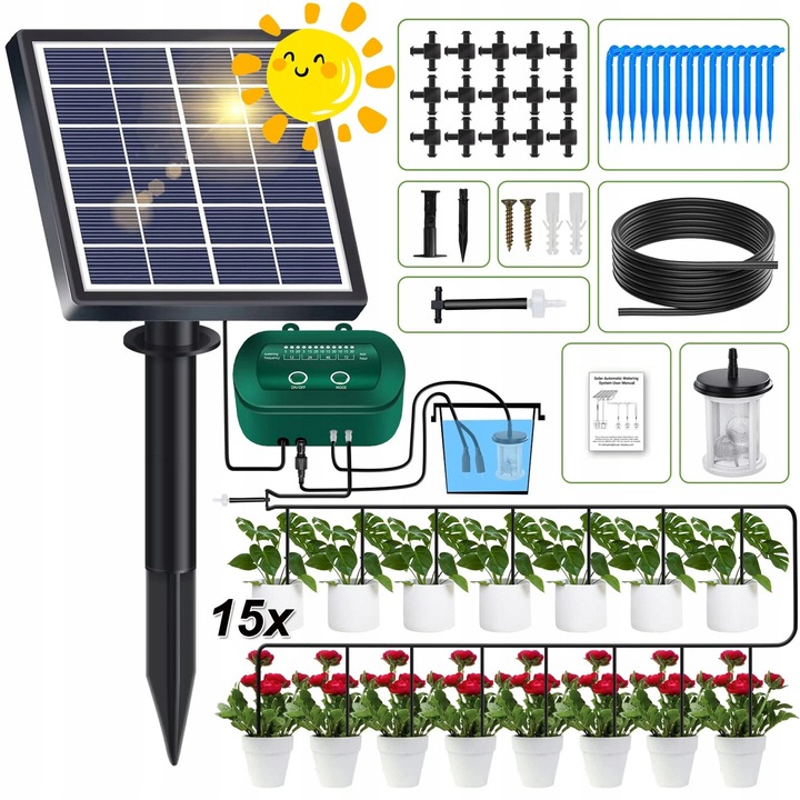 Set sistem de irigare solara automat, 12 moduri, 15m furtun, accesorii pentru plante de balcon si gradina