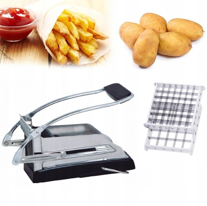 Maszynka manuala de taiat cartofi Hoffner, 2 cutite (5x5, 6x6), argintie, 24x10x13cm