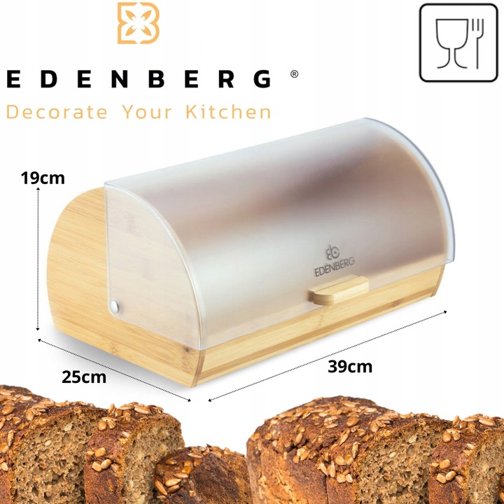 Cutie alimentara Edenberg din bambus cu capac din pleksiglas, 39x25x19cm, naturala cu capac satinat