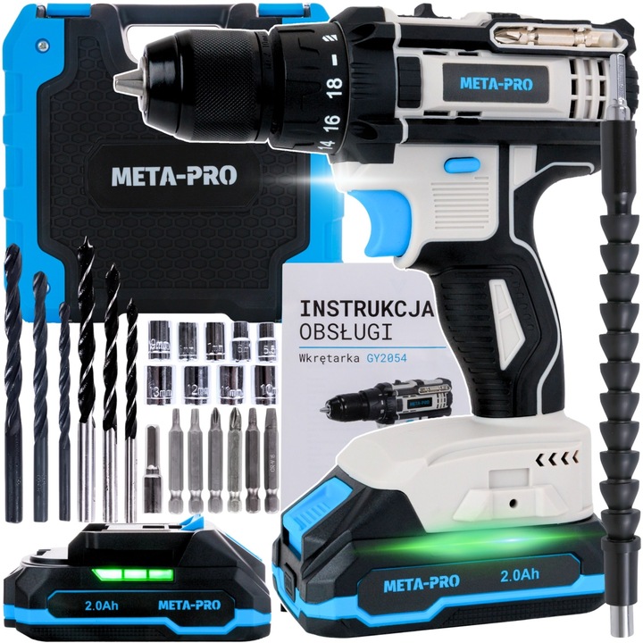 Акумулаторна бормашина/винтоверт META-PRO 20V 30NM, 2x батерии 2.0AH, с куфар