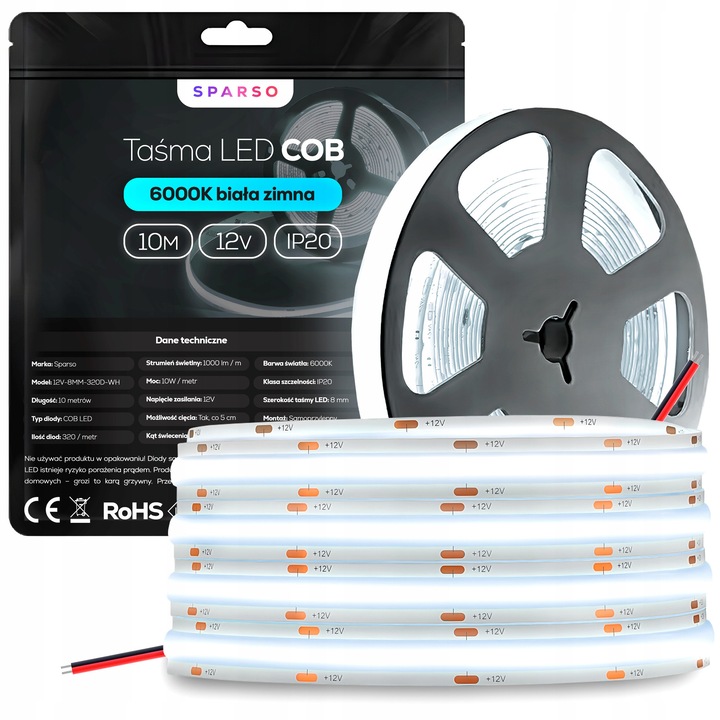 Banda LED COB 10m 12V 6000K alb rece 320 LED/m fara puncte