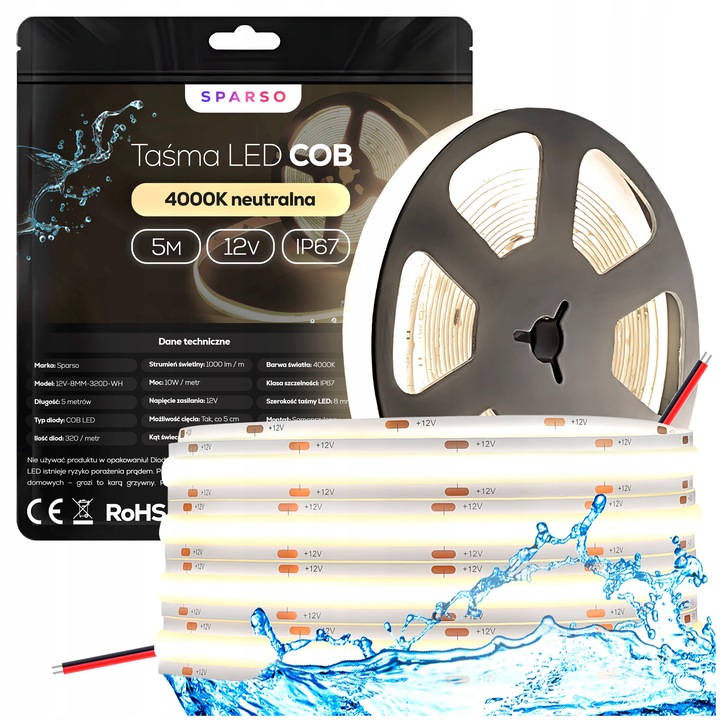 Banda LED COB 12V 5m 4000K neutrala, waterproof IP67, autoadeziva