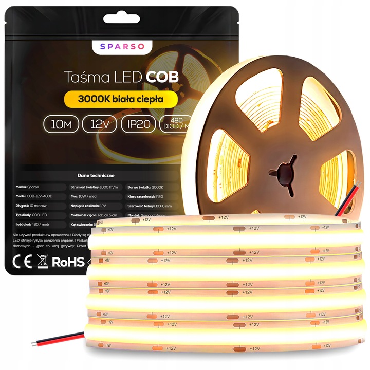 Banda LED COB 10m 12V 3000K alb cald, 480 LED/m, autoadeziva