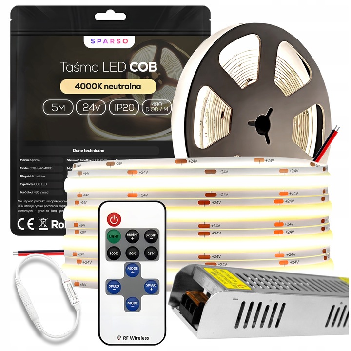 Set Benzi LED COB 5m 24V 4000K, 480 LED/m, Zasilacz 60W, Pilot RF