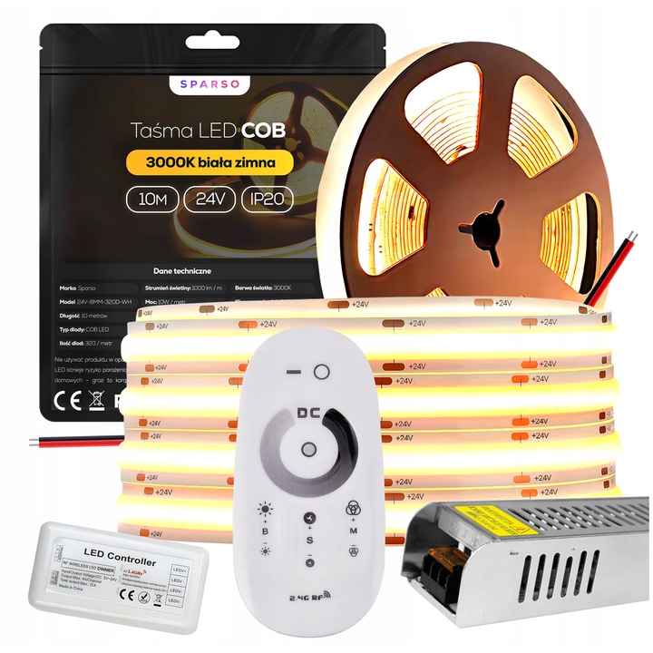Set Benzi LED COB 10m 24V 3000K, Zasilator 100W, Pilot Dotyk, Alb