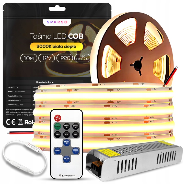 Set Benzi LED COB 10m 12V 3000K, 480 LED/m, Alb Cald, cu Alimentator si Pilot