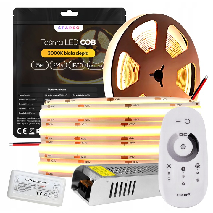 Set Benzi LED COB 5m 24V 3000K, 480 LED/m, Alb Cald, cu Zasilacz si Pilot