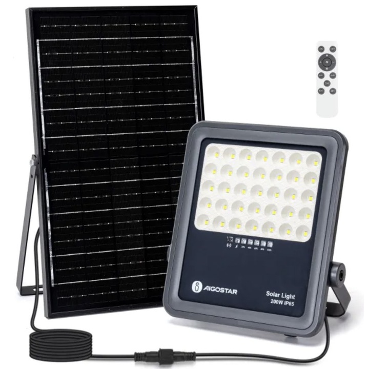 LED соларна лампа, Aigostar 300W, 2400lm, сива, пълен комплект със соларен панел и дистанционно управление