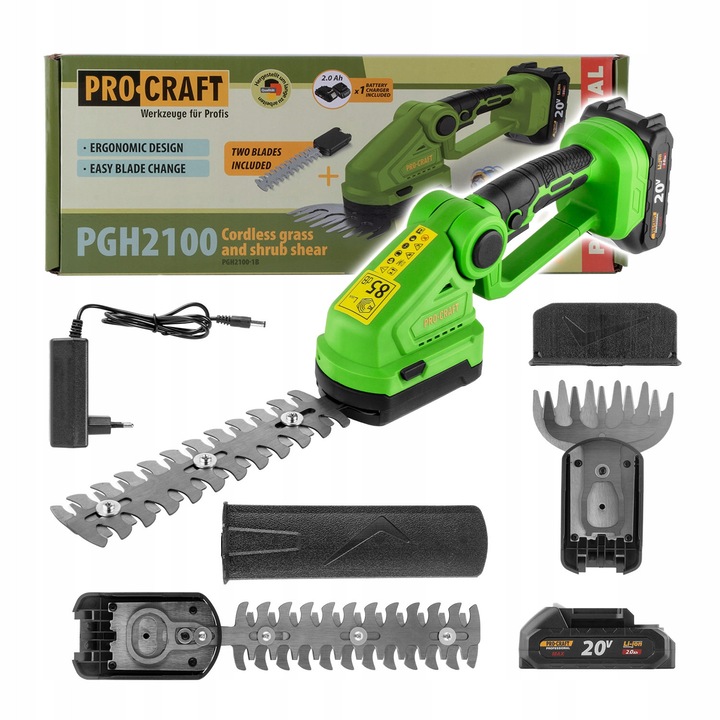 Trimmer electric Procraft PGH2100, set cu acumulator 20V 2Ah, 220mm pentru arbusti, 130mm pentru iarba, greutate 0,85kg