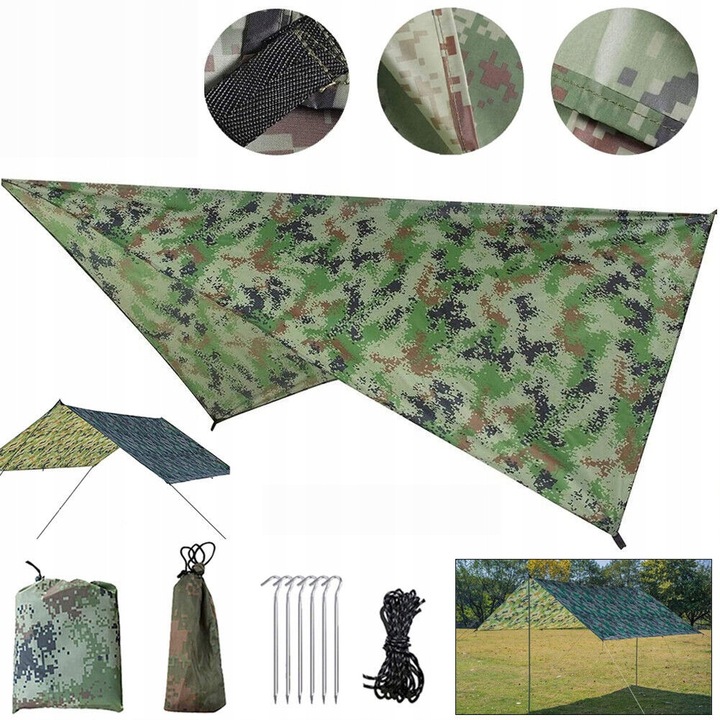 Plrelata camping 300x300cm, camuflaj, impermeabila, cu linii de protectie vant si cuie de fixare