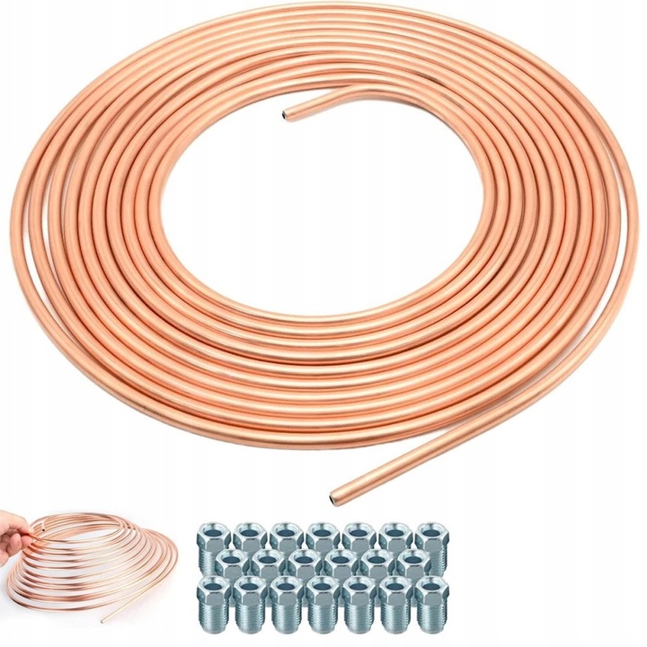 Медна тръба за спирачни маркучи 10м + 20 накрайника, комплект авточасти