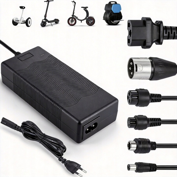 Incarcator universal 42V 2A cu 6 conectori pentru trotinete, biciclete electrice, hoverboard, negru
