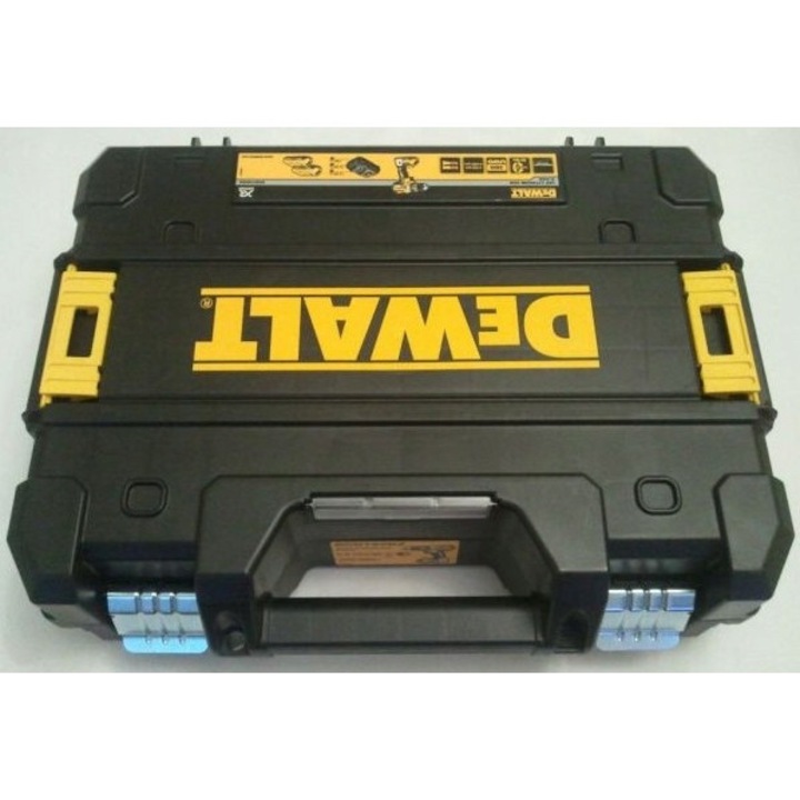 Cutie unica pentru unelte DeWALT TSTAK, compatibila cu majoritatea surubelnitelor, loc pentru incarcator si 3 acumulatori, dimensiuni variate.