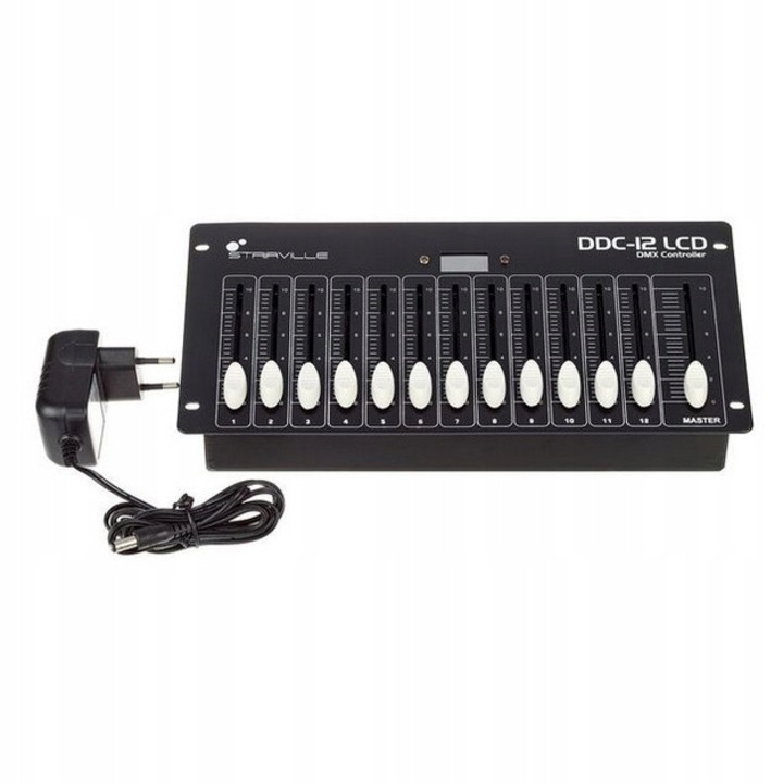Контролер DMX Stairville DDC-12 LCD, 12 канала, LCD дисплей, захранване DC 9V или 9V батерия, DMX изход 3-пинов XLR, черен, 275 x 54 x 134 мм