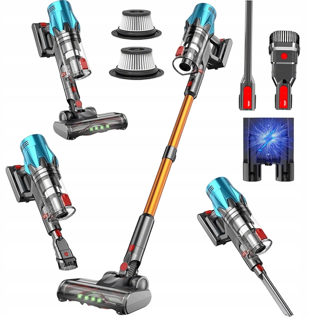 Aspirator fara fir V18, 55 KPA/550 W, 1,5 l, 3 moduri de putere, culoare multicolor, set complet