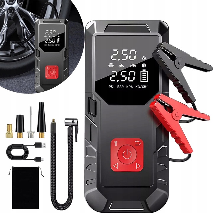Dispozitiv de urgenta pentru pornire auto, 99800 mAh, 12 V, compresor, negru-rosu, 88x200x43mm, set complet