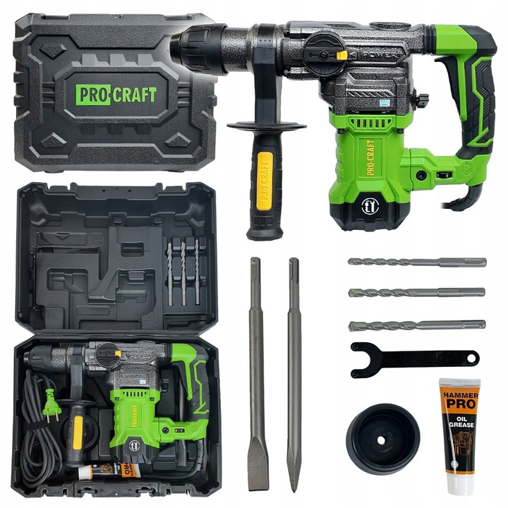 Rotopercutor Procraft BH1800, 3 moduri de lucru, 5,5 J, 1500 W, 230 V, set cu dalti si burghie, 5,1 kg