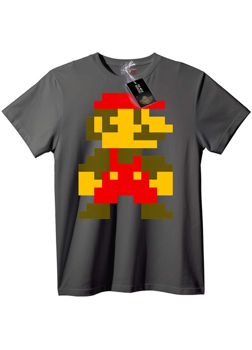 Tricou Retro Mario Pixel Art, Gri
