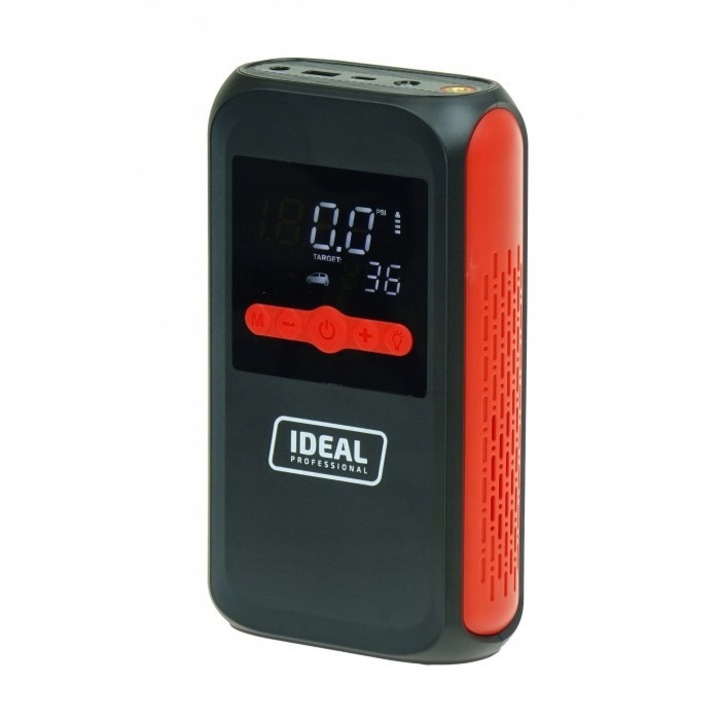 Jump starter IDEAL X-STARTER 12 LiPo AIR 5in1, 800A varf/400A pornire, powerbank 12000 mAh, compresor 120 PSI cu afisaj LCD, LED SOS, DC 15V, negru/rosu, 1 buc