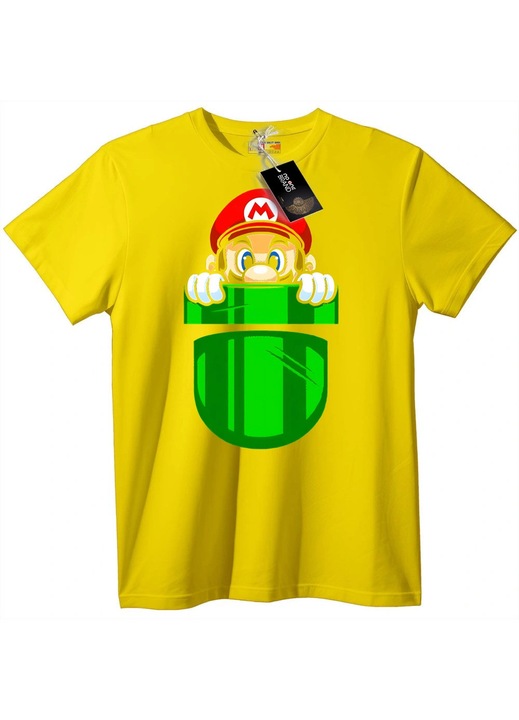 Tricou Mario care наднича dintr-o țeavă verde, Galben