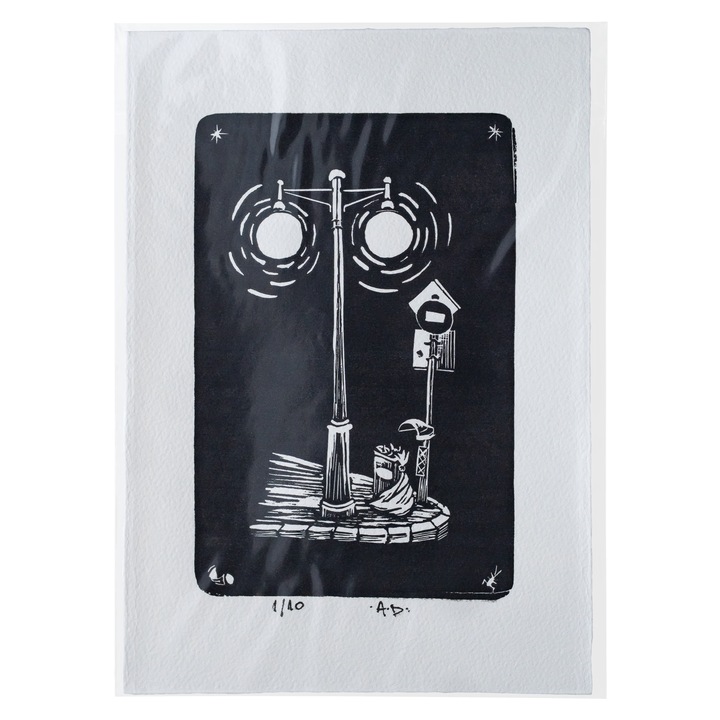 Linogravura Bucuresti, Mobilier Stradal, Tablou A5, 14.8x21cm, editie limitata, realizat manual