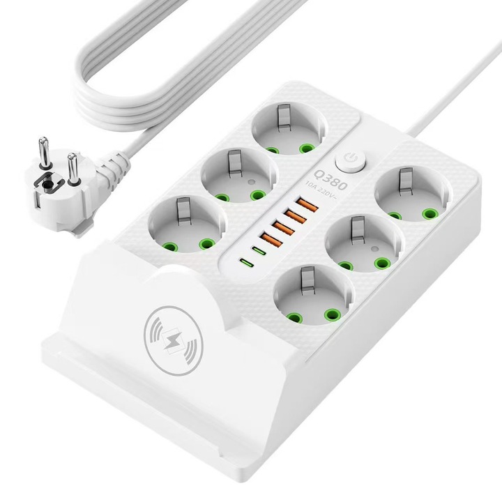 QingLan 6 aljzatos elosztó, 4 USB, 2 USB-C, 10A, vezeték nélküli töltés, 2m, Fehér