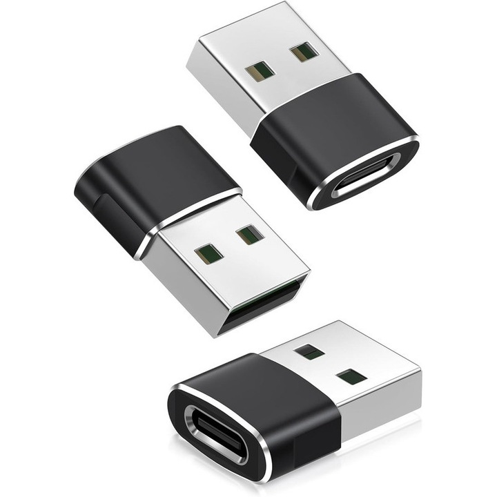USB-ről USB-C-re adapter készlet, 3 darab, SunMira, alumínium, fekete