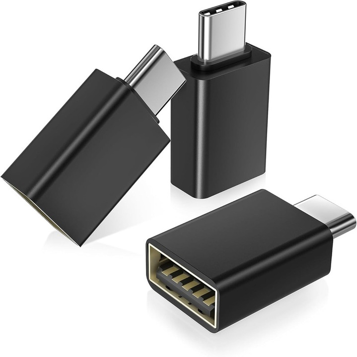 USB-C-ről USB-A-ra adapter készlet, SunMira, 3 darab, minimalista design, fekete szín