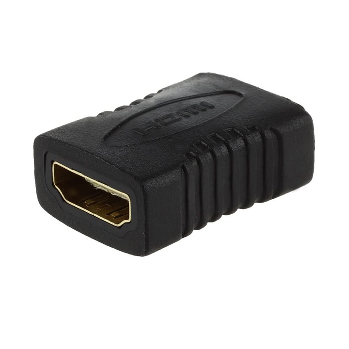 HDMI csatlakozó adapter, aranyozott, anya-anya, fekete színű, HDMI jelhosszabbító adapter televízióhoz, projektorhoz, játékkonzolhoz, 1 darab