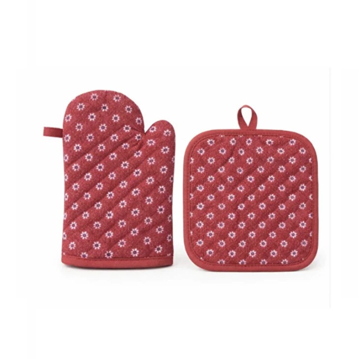 Sütőkesztyű és edényalátét szett, prémium textil, hővédelem, virágmintás - Piros