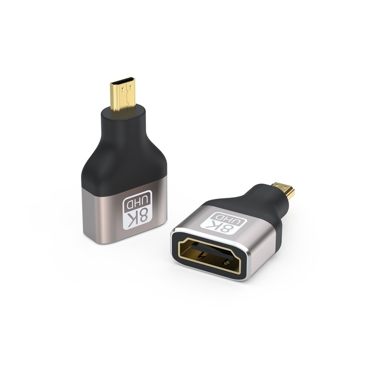 Adaptor Micro HDMI la HDMI, 8K@60Hz Adaptor UHD MicroHDMI, placat cu aur, de mare viteza pentru GoPro, Raspberry Pi 4, Sony A6000, Nikon B500, Camera DSLR, Tableta, Monitor, Proiector, 2 bucati