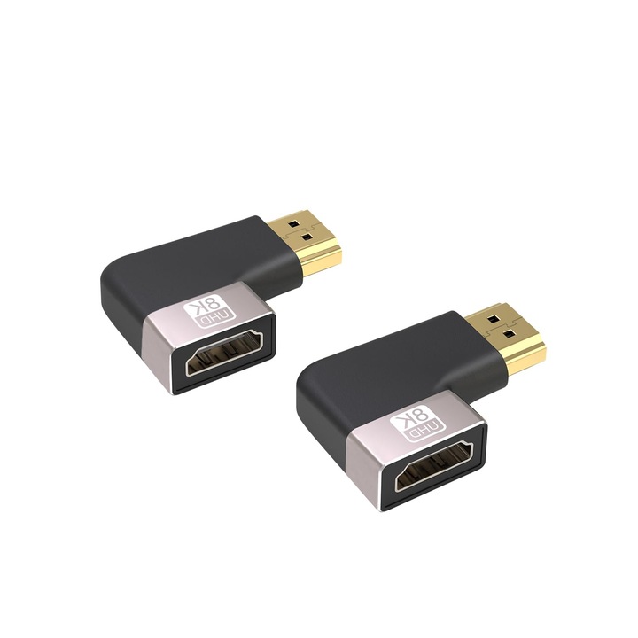 HDMI 2.1 Csatlakozó Adapter 90 fokos szögben jobbra, apa-anya, 8K@60Hz, 4K@120Hz HDR támogatás, kompatibilis TV-vel, projektorral és laptoppal, 2 darab
