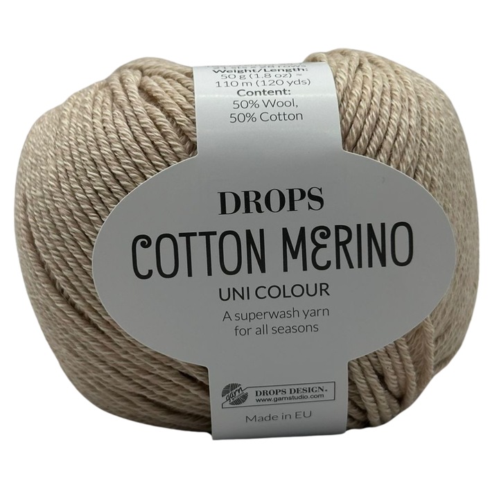 Fir tricotat/crosetat DROPS Cotton Merino, 50% lana merino + 50% bumbac, 50g/110m, Oeko-Tex®, Superwash, pentru haine si accesorii, Bej Auriu