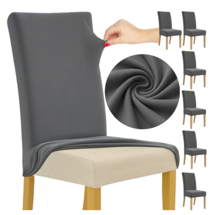 Set 6 huse protectie scaun KESNUP, marime universala, pentru scaune de bucatarie, birou, casa, restaurant, evenimente, material polyester si spandex catifelat, lavabile, banda elastica pentru fixare si antialunecare, 65 x 40 x 35 cm, Gri Inchis