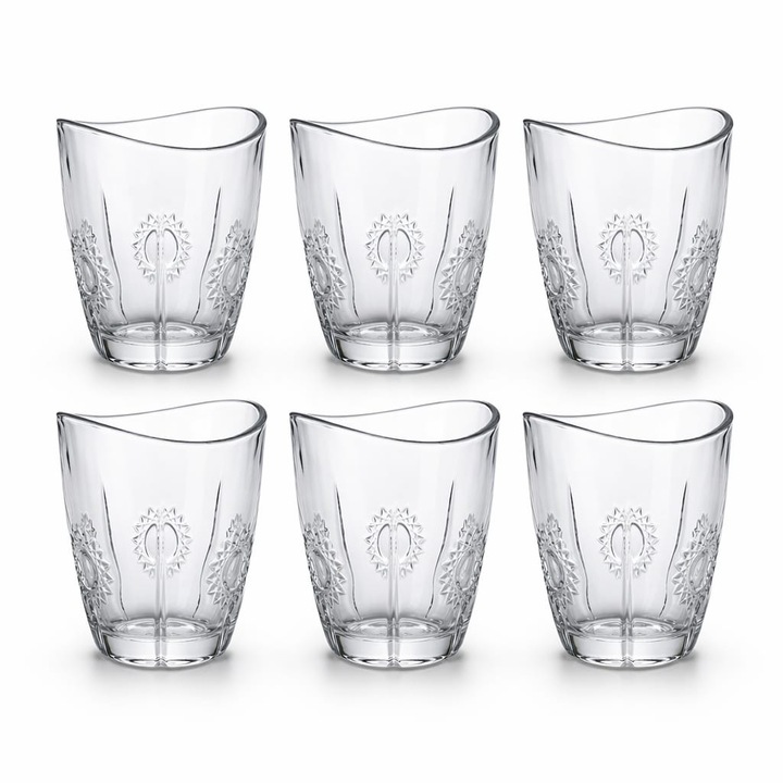 6 darab átlátszó üvegpohár készlet, dombornyomott díszítéssel, vízhez, gyümölcsléhez vagy koktélhoz