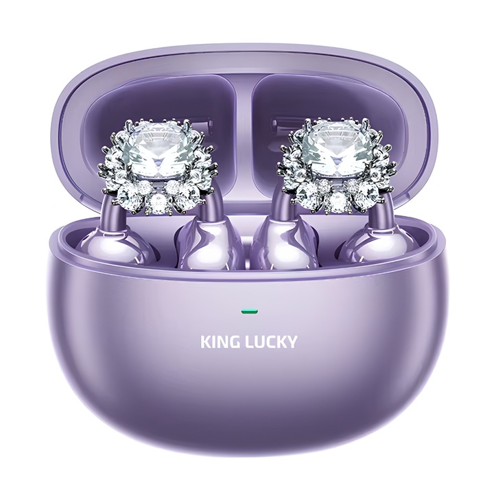 Casti Wireless Open-Ear Clip King Lucky si Cercei cu Cristale Albe tip Diamant, Ultra Usoare, culoare Mov