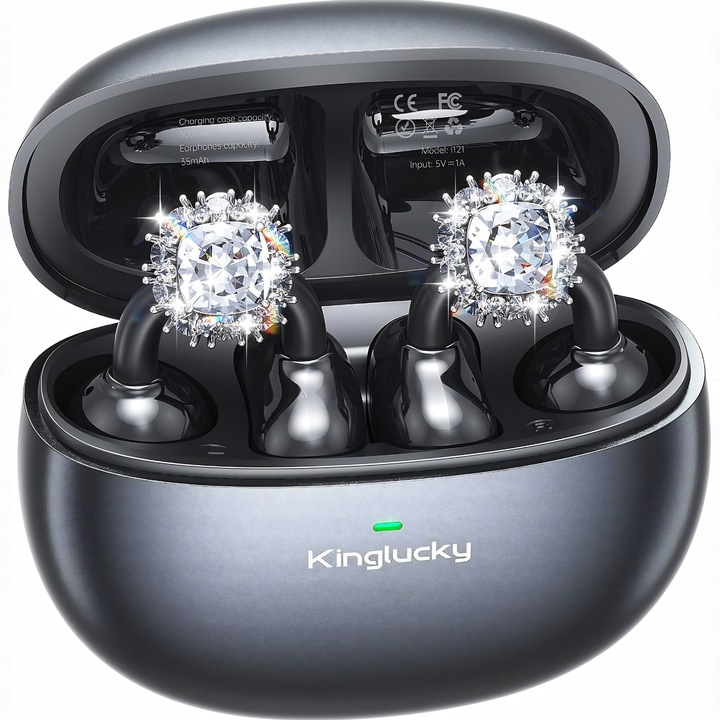 Casti Wireless Open-Ear Clip King Lucky si Cercei cu Cristale Albe tip Diamant, Ultra Usoare, Negru