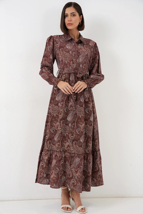 Rochie tip camasa Maxi Big Dart cu imprimeu Paisley, maneci lungi, maro, viscoza
