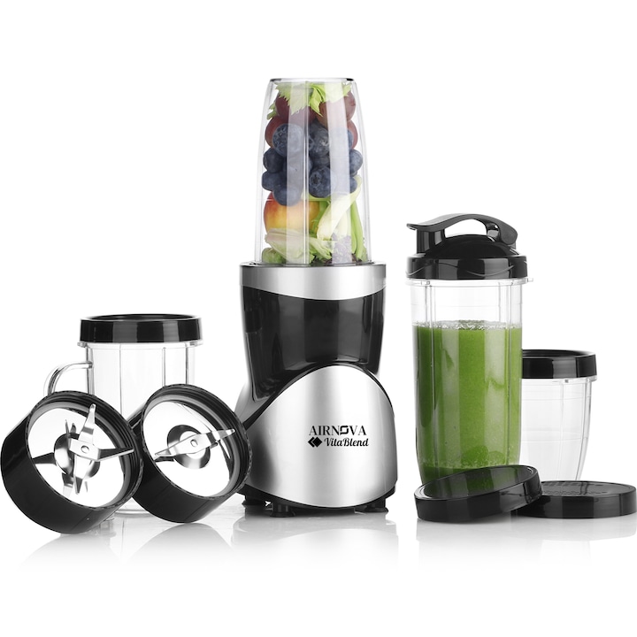 Blender AIRNOVA® VitaBlend BLD-01, 900W, 1 x cupa 0.7l, 2 x cupa 0.5l, 1 x cupa 0.3l, Motor Cupru, Lame Inox, Smoothie & Zdrobire Gheata
