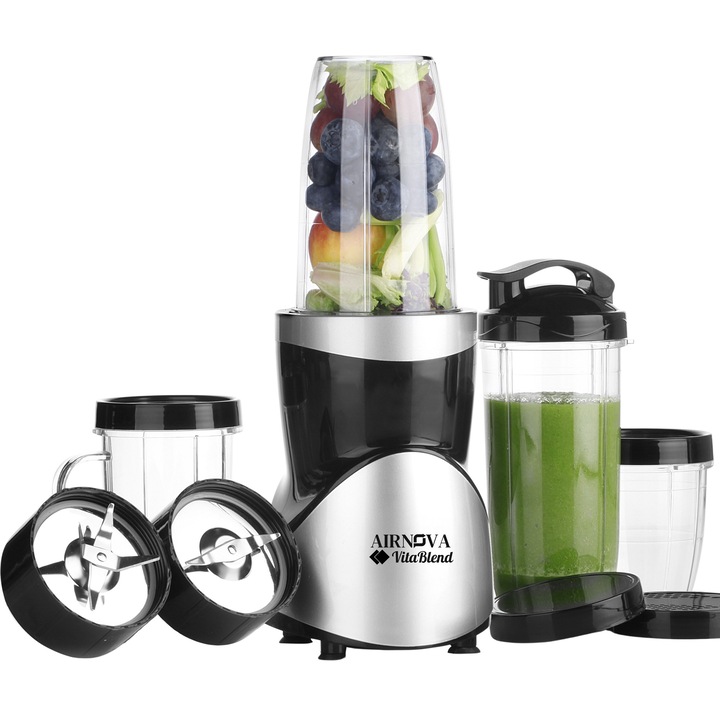 Blender AIRNOVA® VitaBlend BLD-01, 900W, 1 x cupa 0.7l, 2 x cupa 0.5l, 1 x cupa 0.3l, Motor Cupru, Lame Inox, Smoothie & Zdrobire Gheata